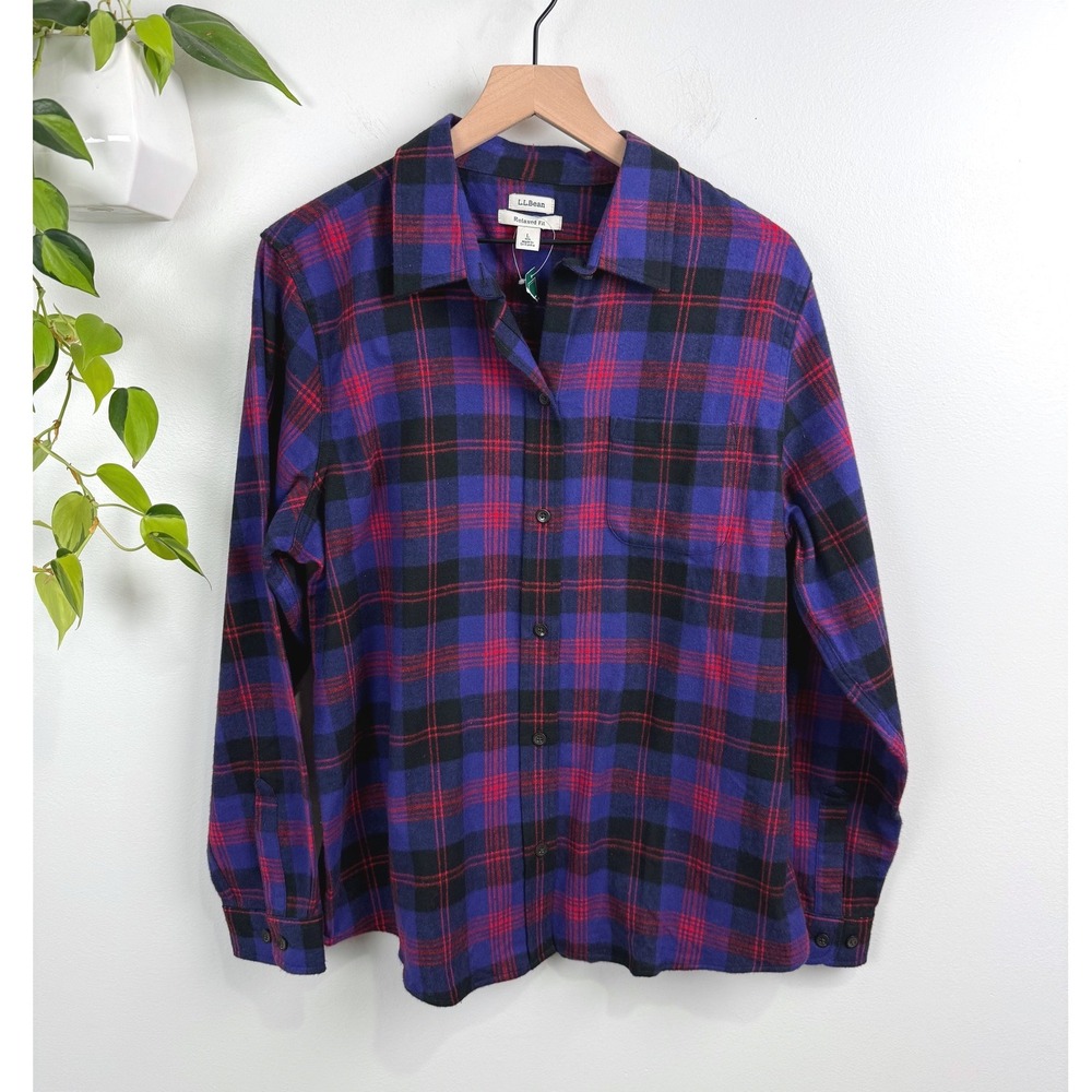 LL Bean Scotch Plaid Flannel Shirt Womens Large Relaxed Fit Purple Red Cabincore